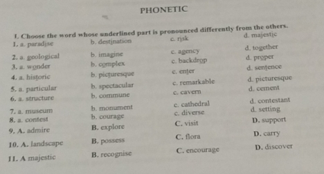 PHONETIC
I. Choose the word whose underlined part is pronounced differently from the others.
1. a. paradjse b. destination c. rjsk d. majestic
2, a. geological b. imagine c. agency d. together
3, a. wonder b. complex c. backdrop d. proper
4. a. historic b. picturesque c. enter d. sentence
5, a. particular b. spectacular c. remarkable d. picturesque
6, a. structure b. commune c. cavern d. cement
7. a. museum h. monument d. contestant
8, a. contest b. courage c. cathedral c. diverse d. setting
9. A. admire B. explore C. visit D. support
10. A. landscape B. possess C. flora D. carry
11. A majestic B. recognise C. encourage D. discover