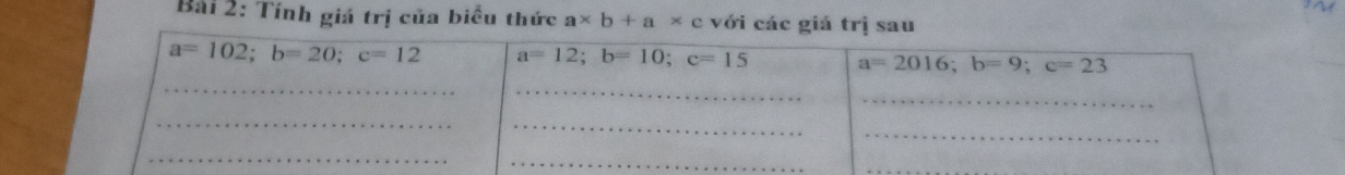 Tính giá trị của biểu thức a* b+a* c với các giá trị sau