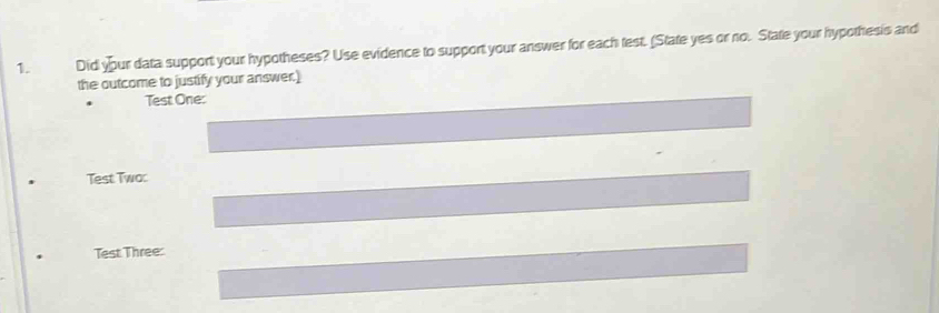 Solved: Did your data support your hypotheses? Use evidence to support ...