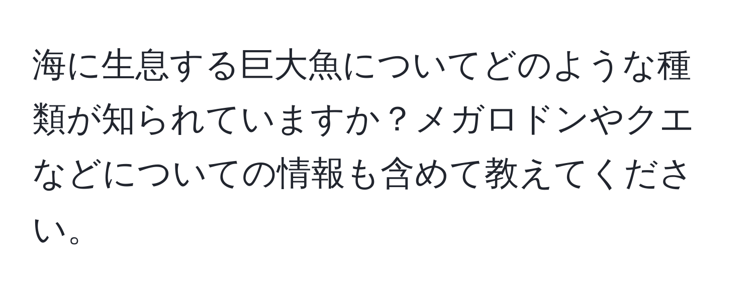 海に生息する巨大魚についてどのような種類が知られていますか？メガロドンやクエなどについての情報も含めて教えてください。