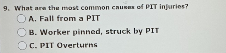 Solved: What are the most common causes of PIT injuries? A. Fall from a ...