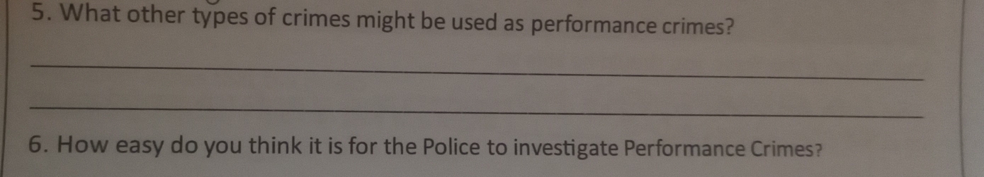 What other types of crimes might be used as performance crimes? 
_ 
_ 
6. How easy do you think it is for the Police to investigate Performance Crimes?