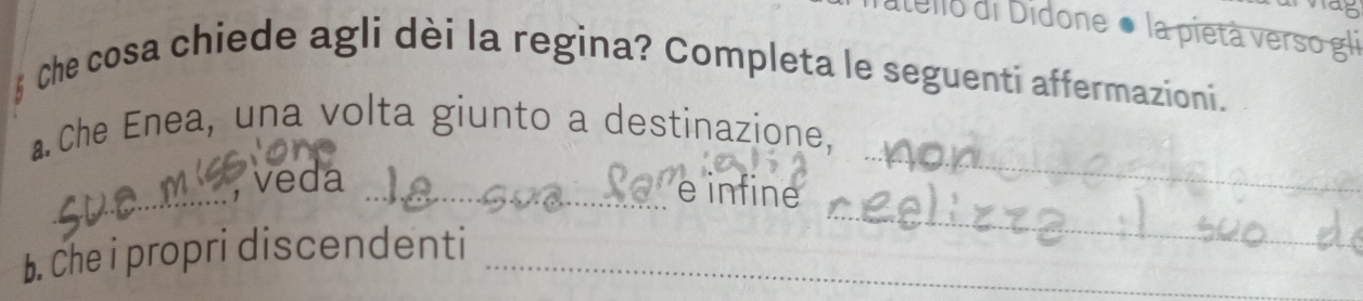 Itello di Didone ● la pietà verso gli 
§ Che cosa chiede agli dèi la regina? Completa le seguenti affermazioni. 
Che Enea, una volta giunto a destinazione, 
_ 
_ 
, veda 
_e infine 
_ 
b. Che i propri discendenti_