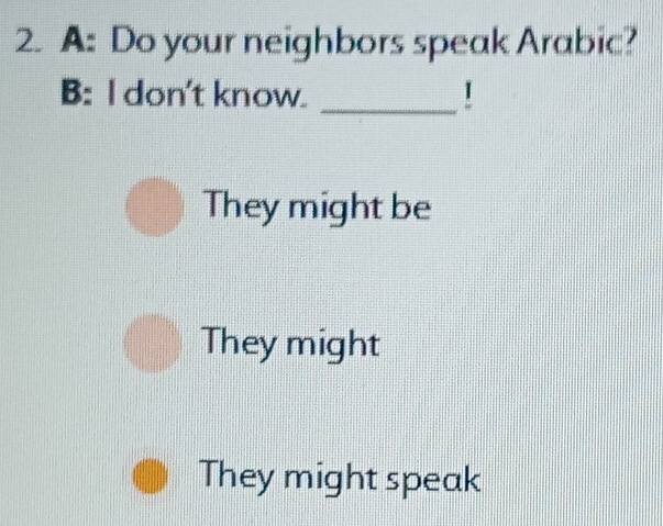 A: Do your neighbors speak Arabic?
B: l don't know. _1
They might be
They might
They might speak