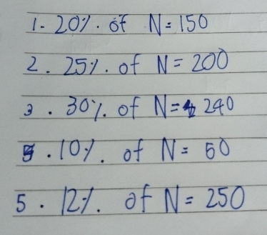 of N=150
2. 25%. of N=200
3. 301. of N=240. 101. of N=50
5. 121. of N=250