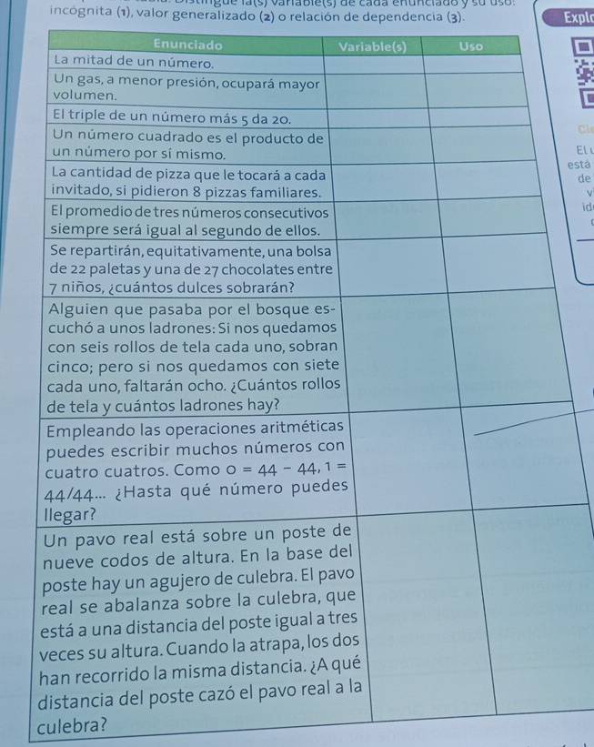 ague la(s) vanable(s) de cada enunciado y su uso :
incognita (1), valor generalizado (2) o relación de dependencia (3). Explo
I
C
EL
está
de
id
culebra?