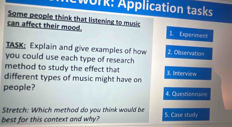 work: Application tasks 
Some people think that listening to music 
can affect their mood. 1. Experiment 
TASK: Explain and give examples of how 2. Observation 
you could use each type of research 
method to study the effect that 3. Interview 
different types of music might have on 
people? 
4. Questionnaire 
Stretch: Which method do you think would be 5. Case study 
best for this context and why?