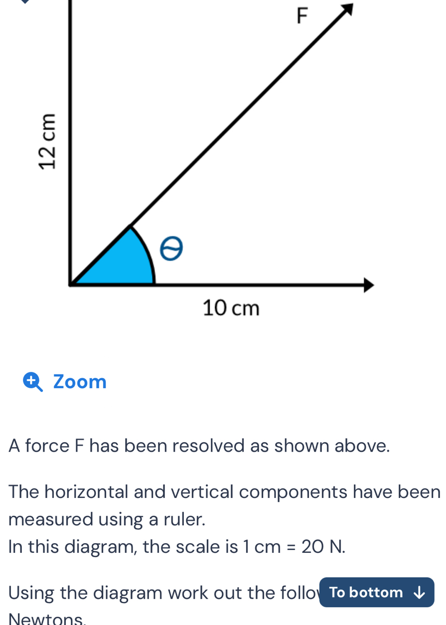 Zoom 
A force F has been resolved as shown above. 
The horizontal and vertical components have been 
measured using a ruler. 
In this diagram, the scale is 1cm=20N. 
Using the diagram work out the follo To bottom 
Newtons