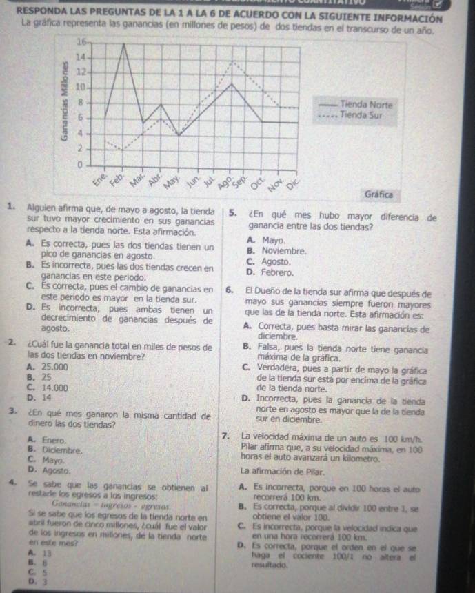 RESPONDA LAS PREGUNTAS DE LA 1 A LA 6 DE ACUERDO CON LA SIGUIENTE INFORMACIÓN
La gráfica representa las ganancias (en millones de pesos) de dos tiendas en el transcurso de un año.
_Tienda Norte
_Tienda Sur
Gráfica
1. Alguien afirma que, de mayo a agosto, la tienda 5. ¿En qué mes hubo mayor diferencia de
sur tuvo mayor crecimiento en sus ganancias ganancia entre las dos tiendas?
respecto a la tienda norte. Esta afirmación. A. Mayo.
A. Es correcta, pues las dos tiendas tienen un B. Noviembre.
pico de ganancias en agosto. C. Agosto.
B. Es incorrecta, pues las dos tiendas crecen en D. Febrero.
ganancias en este periodo.
C. Es correcta, pues el cambio de ganancias en 6. El Dueño de la tienda sur afirma que después de
este periodo es mayor en la tienda sur. mayo sus ganancias siempre fueron mayores
D. Es incorrecta, pues ambas tienen un que las de la tienda norte. Esta afirmación es:
decrecimiento de ganancias después de A. Correcta, pues basta mirar las ganancias de
agosto. diciembre.
2. ¿Cuál fue la ganancia total en miles de pesos de B. Falsa, pues la tienda norte tiene ganancia
las dos tiendas en noviembre? máxima de la gráfica.
A. 25.000 C. Verdadera, pues a partir de mayo la gráfica
B. 25 de la tienda sur está por encima de la gráfica
C. 14.00( de la tienda norte.
D. 14 D. Incorrecta, pues la ganancia de la tienda
norte en agosto es mayor que la de la tienda
3. ¿En qué mes ganaron la misma cantidad de sur en diciembre.
dinero las dos tiendas?
7. La velocidad máxima de un auto es 100 km/h.
A. Enero. Pílar afirma que, a su velocidad máxima, en 100
B.Diciembre. horas el auto avanzará un kilometro.
C. Mayo.
D.Agosto. La afirmación de Pilar.
4. Se sabe que las ganancias se obtienen al A. Es incorrecta, porque en 100 horas el auto
restarle los egresos a los ingresos: recorrerá 100 km.
Ganancias = ingresos - egresos B. Es correcta, porque al dividir 100 entre 1, se
Sì se sabe que los egresos de la tienda norte en obtiene el valor 100.
abril fueron de cinco millones, ¿cuál fue el valor C. Es incorrecta, porque la velocidad indica que
de los ingresos en millones, de la tienda norte en una hora recorrerá 100 km.
en este mes? D. Es correcta, porque el orden en el que se
A. 13 haga el cociente 100/1 no altera el
B. 8 resultado.
C. 5
D. 3