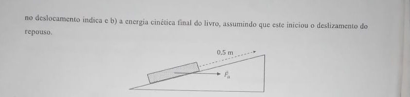 no deslocamento indica e b) a energia cinética final do livro, assumindo que este iniciou o deslizamento do
repouso.