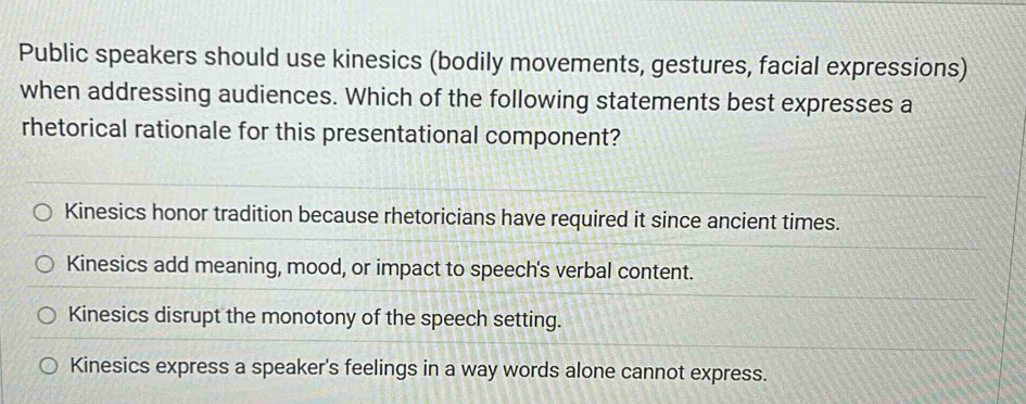 Solved: Public speakers should use kinesics (bodily movements, gestures ...