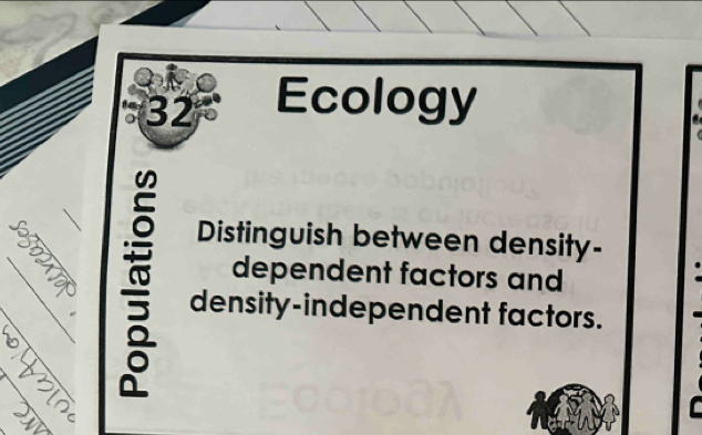 Ecology 
_ 
Distinguish between density- 
dependent factors and 
density-independent factors. 
C