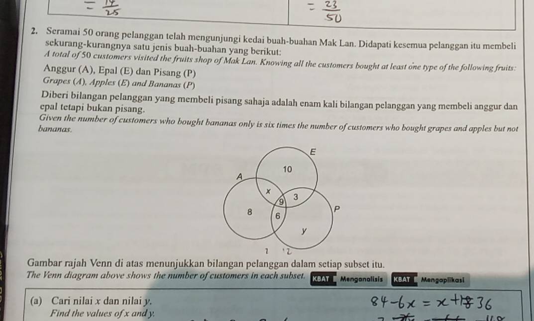 Seramai 50 orang pelanggan telah mengunjungi kedai buah-buahan Mak Lan. Didapati kesemua pelanggan itu membeli 
sekurang-kurangnya satu jenis buah-buahan yang berikut: 
A total of 50 customers visited the fruits shop of Mak Lan. Knowing all the customers bought at least one type of the following fruits: 
Anggur (A), Epal (E) dan Pisang (P) 
Grapes (A), Apples (E) and Bananas (P) 
Diberi bilangan pelanggan yang membeli pisang sahaja adalah enam kali bilangan pelanggan yang membeli anggur dan 
epal tetapi bukan pisang. 
Given the number of customers who bought bananas only is six times the number of customers who bought grapes and apples but not 
bananas. 
E
10
A
x
9
3
8 6
P
y
1 2
Gambar rajah Venn di atas menunjukkan bilangan pelanggan dalam setiap subset itu. 
The Venn diagram above shows the number of customers in each subset. KBAT Menganolisis KBAT I Mengaplikasi 
(a) Cari nilai x dan nilai y. 
Find the values of x and y.