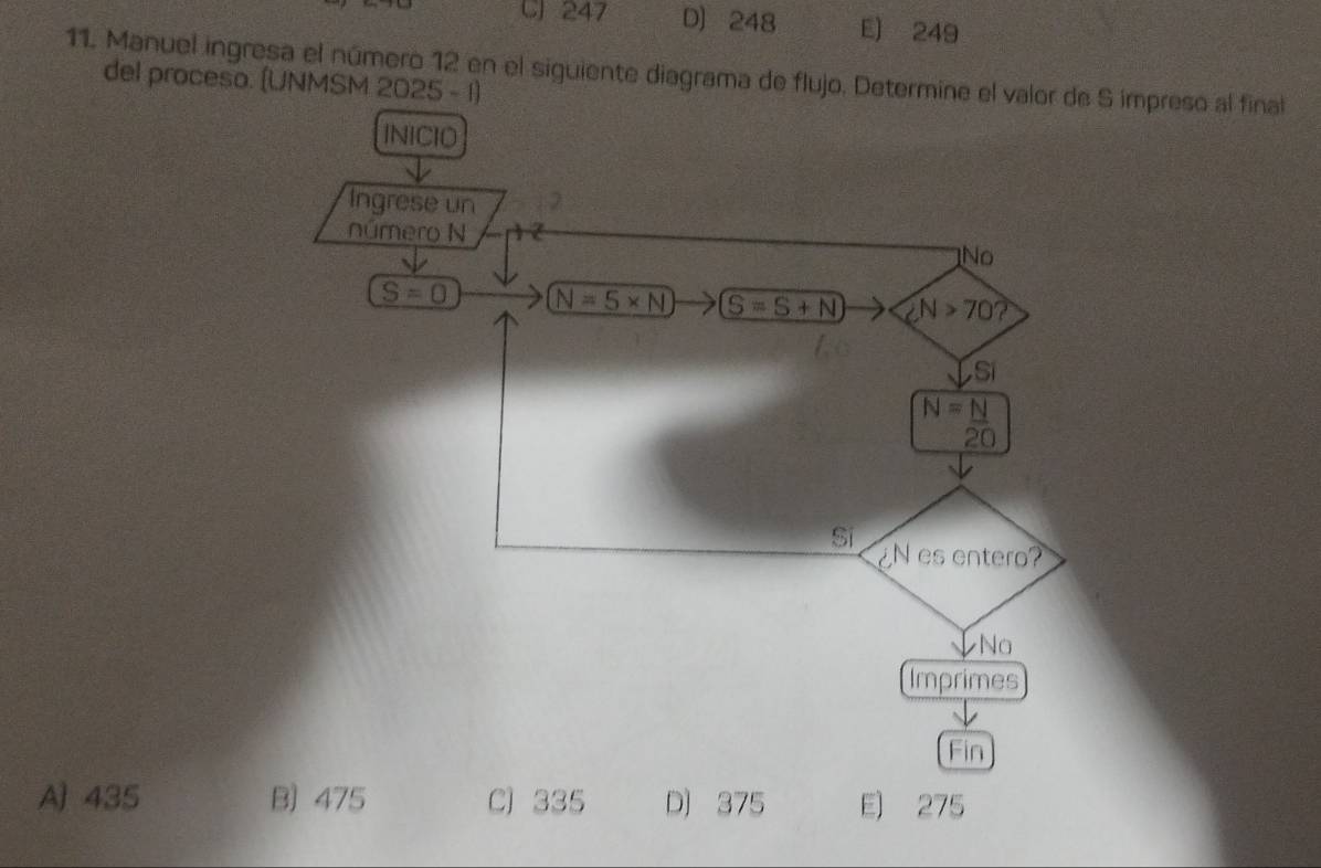 C 247 D) 248 E) 249
11. Manuel ingresa el número 12 en el siguiente diagrama de flujo.reso al final
del proceso. (UNMSM 2025 - 1)
A 435 B) 475 C) 335 D) 375 E) 275