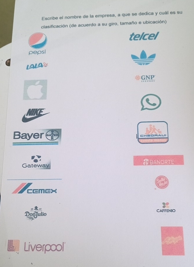 Escribe el nombre de la empresa, a que se dedica y cuál es su 
clasificación (de acuerdo a su giro, tamaño e ubicación) 
telcel 
pepsi 
LALaY 
GNP 
Bayer He 
Gateway TBANORTE 
CGmGx 
onfulio CAFFENIO 
Liverpool'