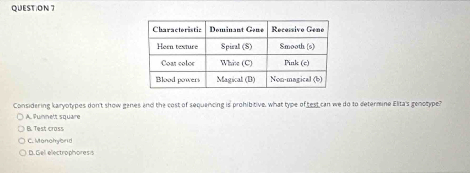 Considering karyotypes don't show genes and the cost of sequencing is prohibitive, what type of test can we do to determine Elita's genotype?
A. Punnett square
B. Test cross
C. Monohybrid
D. Gel electrophoresis