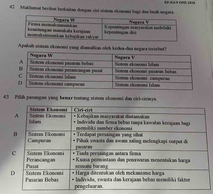 EZ-KAY ONE 2018 
42 Maklumat berikut berkaitan dengan ciri sistem ekonomi bagi dua buah negara. 
Apakah sistem ekonomi yang diamalkan oleh kedua-dua negara tersebut? 
43 Pilih pasangan yang benar tentang sistem ekonomi dan ciri-cirinya.