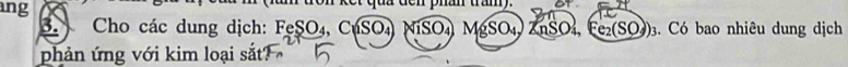 ng 
et qua đen phân tram). B4 
3 Cho các dung dịch: FeSO₄, CuSO₄) NiSO₄) MgSO₄ ZnSO₄, Fe₂ (SO)) ₃. Có bao nhiêu dung dịch 
phản ứng với kim loại sắt?