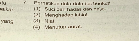 najis.
(2) Menghadap kiblat.
yang (3) Niat.
(4) Menutup aurat.