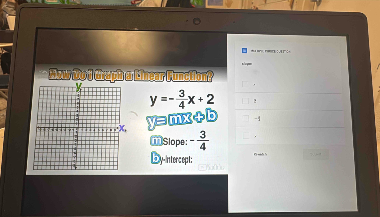 QUESTION 
slope: 
How Now Do i Graph a Linear Function?
x
2
y=- 3/4 x+2
yョmx+b
- 3/4 
MSlope: - 3/4 
y
Rewatch Submit 
Dy-intercept: 
YouTube