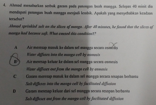 Ahmad menaburkan serbuk garam pada potongan buah mangga. Selepas 40 minit dia
mendapati potongan buah mangga menjadi lembik. Apakah yang menyebabkan keadaan
tersebut?
Ahmad sprinkled salt on the slices of mango. After 40 minutes, he found that the slices of
mango had become soft. What caused this condition??
A Air meresap masuk ke dalam sel mangga secara osmosis
Water diffuses into the mango cell by osmosis
B Air meresap keluar ke dalam sel mangga secara osmosis
Water diffuses out from the mango cell by osmosis
C Garəm meresap masuk ke dalam sel mangga secara resapan berbantu
Salt diffuses into the mango cell by facilitated diffusion
D Garam meresap keluar dari sel mangga secara resapan berbantu
Salt diffuses out from the mango cell by facilitated diffusion