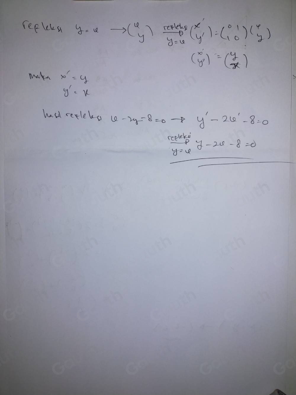 repleia y=e to beginpmatrix 6 yendpmatrix frac reRkg y=6endarray beginpmatrix x ( yendpmatrix =beginpmatrix 0&1 10endpmatrix beginpmatrix y yendpmatrix )0_y
beginpmatrix x y'endpmatrix =beginpmatrix y xendpmatrix
maks x'=y
y'=x
wll repleke 6-2y-8=0 y'-26'-8=0
repleki
y-2x-8=0
y=6