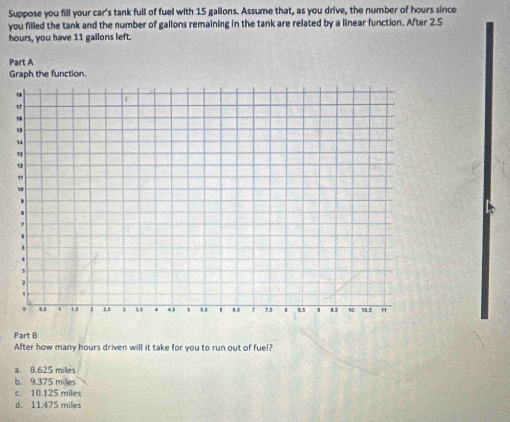 Suppose you fill your car's tank full of fuel with 15 gallons. Assume that, as you drive, the number of hours since
you filled the tank and the number of gallons remaining in the tank are related by a linear function. After 2.5
hours, you have 11 gallons left.
Part A
Graph the function.
Part B
After how many hours driven will it take for you to run out of fuel?
a 8.625 miles
b. 9.375 miles
c. 10.125 miles
d. 11.475 miles