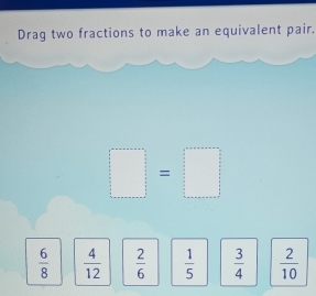 Drag two fractions to make an equivalent pair.
□ =□
 6/8   4/12   2/6   1/5   3/4   2/10 