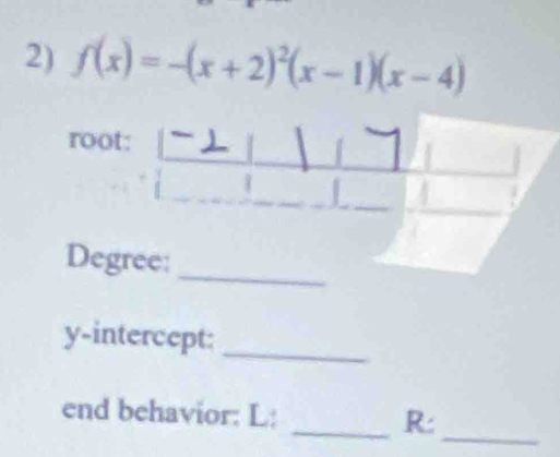 f(x)=-(x+2)^2(x-1)(x-4)
root: 
_ 
_ 
_ 
_ 
a 
Degree: 
_ 
y-intercept:_ 
_ 
end behavior: L: _R: