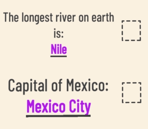 The longest river on earth
is:
Nile
Capital of Mexico:
Mexico City