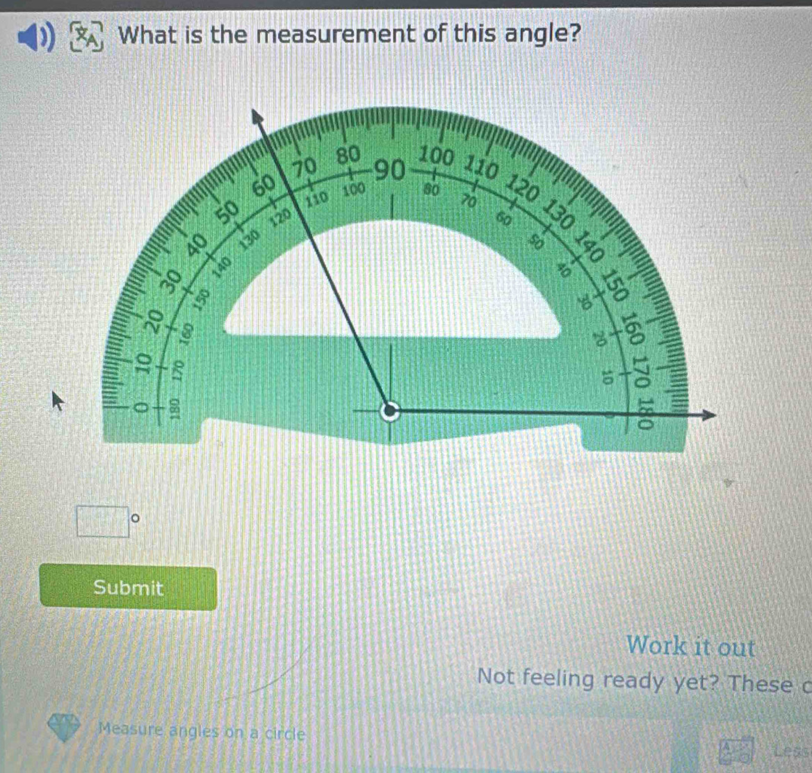 What is the measurement of this angle?
□°
Submit 
Work it out 
Not feeling ready yet? These c 
Measure angles on a circle
frac A≌ 