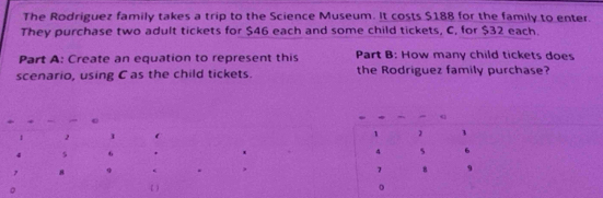 The Rodriguez family takes a trip to the Science Museum. It costs $188 for the family to enter. 
They purchase two adult tickets for $46 each and some child tickets, C, for $32 each. 
Part A: Create an equation to represent this Part B: How many child tickets does 
scenario, using C as the child tickets. the Rodriguez family purchase? 
o 
q
1 2
1 1 1
4 5 6 4 s 6
, 8
7 8 9
。 
( ) 
。