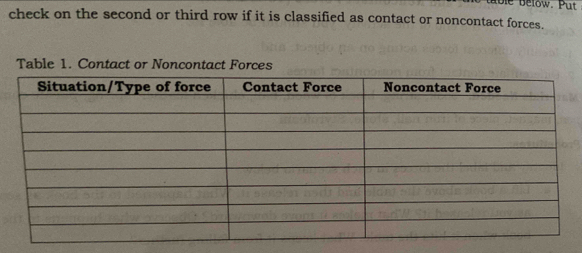 able below. Put 
check on the second or third row if it is classified as contact or noncontact forces. 
Table 1. Contact or Noncontact Forces