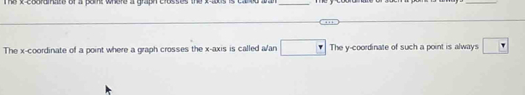 he x-coordinate of a point where a graph crosses the x-axis . 
_ 
_ 
The x-coordinate of a point where a graph crosses the x-axis is called a/an □ The y-coordinate of such a point is always □