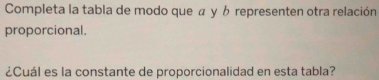 Completa la tabla de modo que α y ½ representen otra relación 
proporcional. 
¿Cuál es la constante de proporcionalidad en esta tabla?