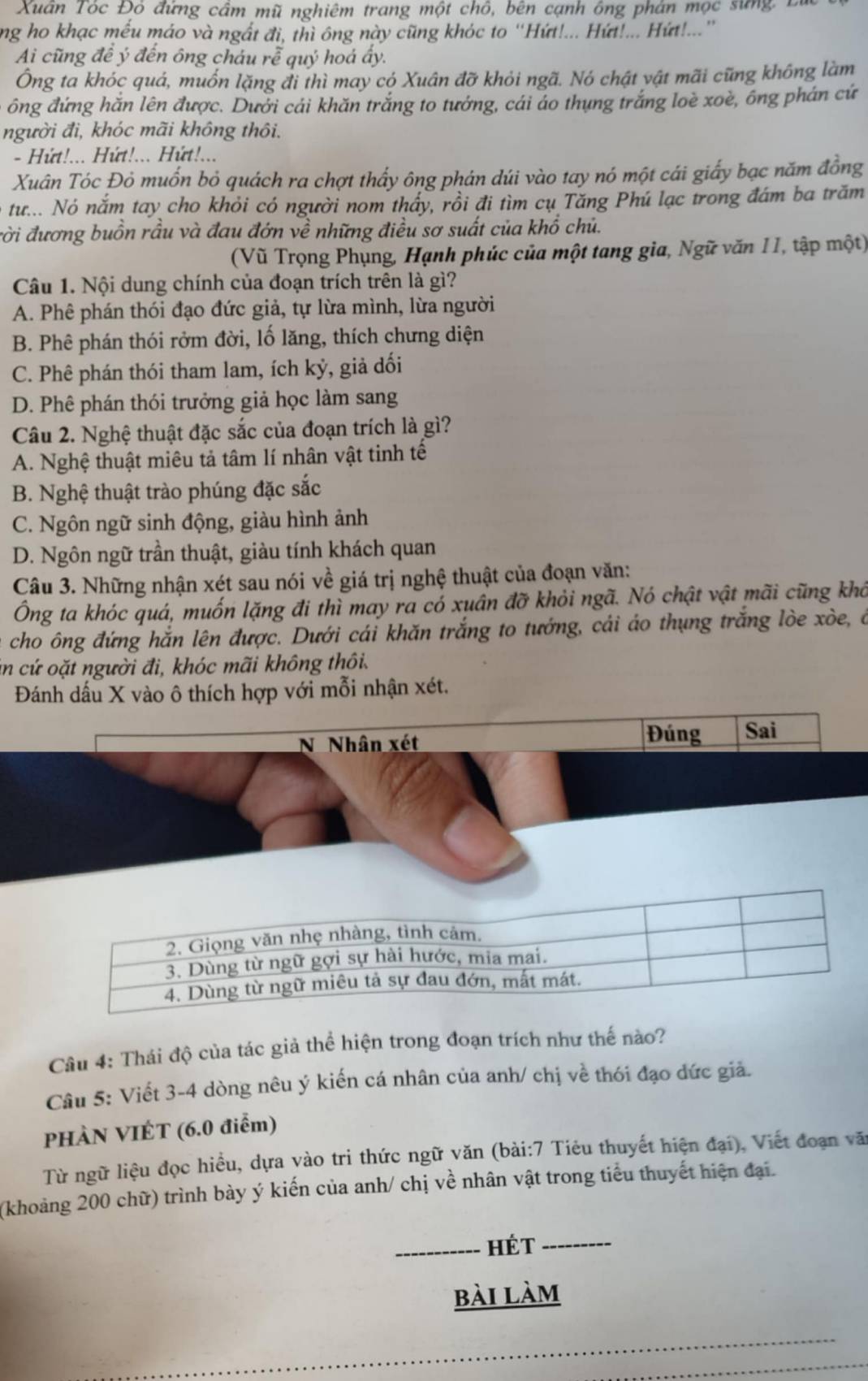 Xuân Tóc Đó đứng cầm mũ nghiêm trang một chô, bên cạnh ông phán mọc sứng  1
ng ho khạc mếu máo và ngất đi, thì ông này cũng khóc to “Hứt!... Hứt!... Hứt!...”
Ai cũng đề ý đến ông cháu rễ quý hoá ấy.
Ông ta khóc quá, muốn lặng đi thì may có Xuân đỡ khỏi ngã. Nó chật vật mãi cũng không làm
ông đứng hăn lên được. Dưới cái khăn trắng to tướng, cái áo thụng trắng loè xoè, ông phán cứ
người đi, khóc mãi không thôi.
- Hứt!... Hứt!... Hứt!...
Xuân Tóc Đỏ muốn bỏ quách ra chợt thấy ông phán dúi vào tay nó một cái giấy bạc năm đồng
tư... Nó nắm tay cho khỏi có người nom thấy, rồi đi tìm cụ Tăng Phú lạc trong đám ba trăm
rời đương buồn rầu và đau đớn về những điều sơ suất của khổ chủ.
(Vũ Trọng Phụng, Hạnh phúc của một tang gia, Ngữ văn 11, tập một)
Câu 1. Nội dung chính của đoạn trích trên là gì?
A. Phê phán thói đạo đức giả, tự lừa mình, lừa người
B. Phê phán thói rởm đời, lố lăng, thích chưng diện
C. Phê phán thói tham lam, ích kỷ, giả đối
D. Phê phán thói trưởng giả học làm sang
Câu 2. Nghệ thuật đặc sắc của đoạn trích là gì?
A. Nghệ thuật miêu tả tâm lí nhân vật tinh tế
B. Nghệ thuật trào phúng đặc sắc
C. Ngôn ngữ sinh động, giàu hình ảnh
D. Ngôn ngữ trần thuật, giàu tính khách quan
Câu 3. Những nhận xét sau nói về giá trị nghệ thuật của đoạn văn:
Ông ta khóc quá, muốn lặng đi thì may ra có xuân đỡ khỏi ngã. Nó chật vật mãi cũng khả
cho ông đứng hắn lên được. Dưới cái khăn trắng to tướng, cái áo thụng trắng lòe xòe, ở
in cứ oặt người đi, khóc mãi không thôi.
Đánh dấu X vào ô thích hợp với mỗi nhận xét.
N Nhân xét Đúng Sai
Câu 4: Thái độ của tác giả thể hiện trong đoạn trích như thế nào?
Câu 5: Viết 3-4 dòng nêu ý kiến cá nhân của anh/ chị về thói đạo đức giả.
PHÀN VIÉT (6.0 điểm)
Từ ngữ liệu đọc hiều, dựa vào tri thức ngữ văn (bài:7 Tiêu thuyết hiện đại), Viết đoạn văn
(khoảng 200 chữ) trình bày ý kiến của anh/ chị về nhân vật trong tiểu thuyết hiện đại.
_HéT_
bài làm