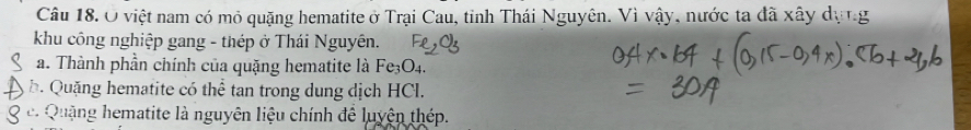 việt nam có mỏ quặng hematite ở Trại Cau, tỉnh Thái Nguyên. Vì vậy, nước ta đã xây dụng 
khu công nghiệp gang - thép ở Thái Nguyên. 
a. Thành phần chính của quặng hematite là Fe_3O_4. 
b. Quặng hematite có thể tan trong dung dịch HCl. 
Q c. Quậng hematite là nguyên liệu chính để luyện thép.