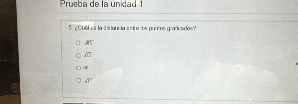 Prueba de la unidad 1
5 ¿Cuál es la distancia entre los puntos graficados?
sqrt(85)
sqrt(13)
85
sqrt(11)