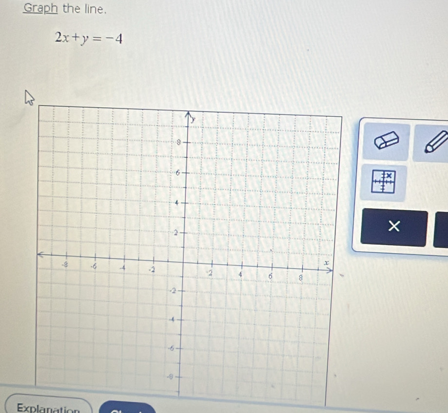 Graph the line.
2x+y=-4
× 
Explanation