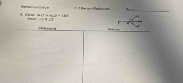 Formal Geometry Ch 2 Review Worksheet Name 
9. Given: m∠ 1+m∠ 3=180°
Prove: ∠ 2≌ ∠ 3
Statements