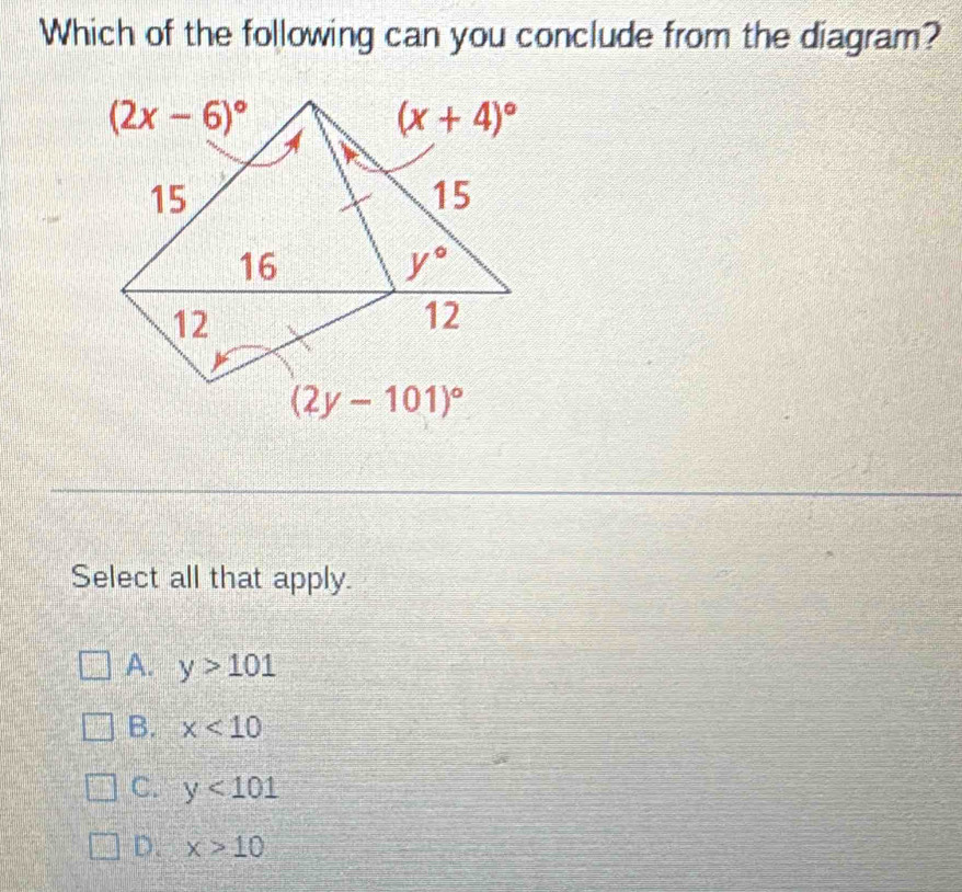 Which of the following can you conclude from the diagram?
Select all that apply.
A. y>101
B. x<10</tex>
C. y<101</tex>
D. x>10