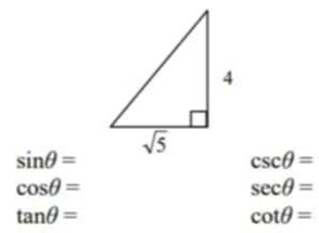 sin θ =
csc θ =
cos θ =
sec θ =
tan θ =
cot θ =