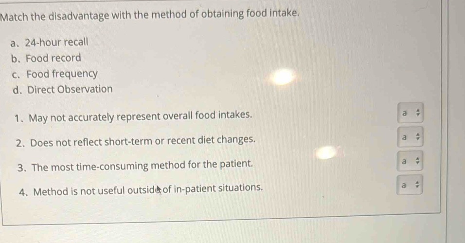 Match the disadvantage with the method of obtaining food intake.
a. 24-hour recall
b. Food record
c. Food frequency
d. Direct Observation
1. May not accurately represent overall food intakes.
a
2. Does not reflect short-term or recent diet changes. a
3. The most time-consuming method for the patient. a
4. Method is not useful outside of in-patient situations. a