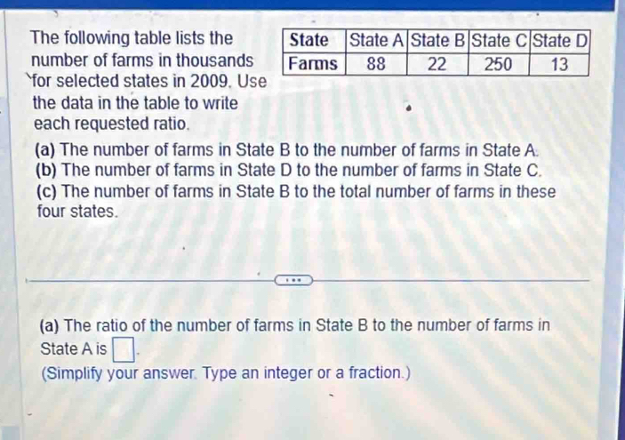 The following table lists the 
number of farms in thousands 
for selected states in 2009. Us 
the data in the table to write 
each requested ratio. 
(a) The number of farms in State B to the number of farms in State A. 
(b) The number of farms in State D to the number of farms in State C. 
(c) The number of farms in State B to the total number of farms in these 
four states. 
(a) The ratio of the number of farms in State B to the number of farms in 
State A is □. 
(Simplify your answer. Type an integer or a fraction.)