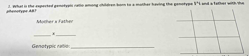 What is the expected genotypic ratio among children born to a mother having the genotype I^(wedge)i and a father with the 
phenotype AB? 
Mother x Father 
_x_ 
Genotypic ratio:_