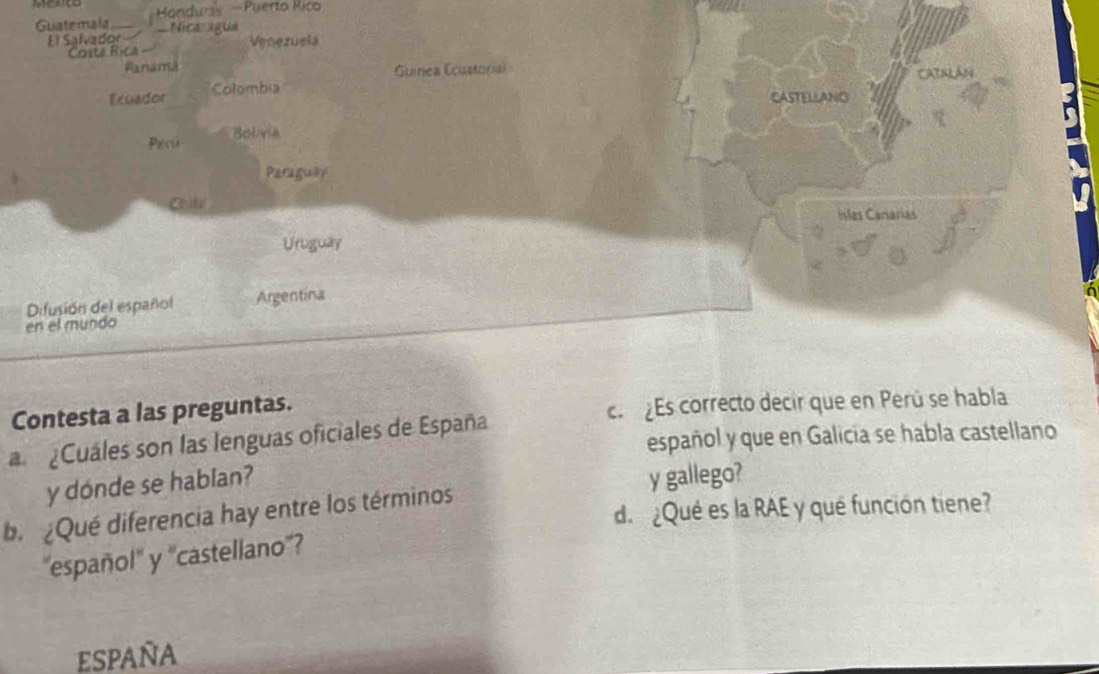 Mndur - Puerto Rico 
Guatemala Nica agua 
El Salvador a Venezuela 
Costa Rica 
Panaml 
Guínea Ecustorial 
CATALAN 
Ecuador Colombia 
CASTELLANO 
Pecú Bolvia 
Paraguly 
Chile 
Ilas Canarias 
Uruguay 
Difusión del español Argentina 
en el mundo 
Contesta a las preguntas. 
o Es correcto decir que en Perú se habla 
español y que en Galicia se habla castellano 
a Cuáles son las lenguas oficiales de España 
y dónde se hablan? 
y gallego? 
de ¿Qué es la RAE y qué función tiene? 
bi ¿Qué diferencia hay entre los términos 
“español' y 'castellano'? 
ESPAÑA