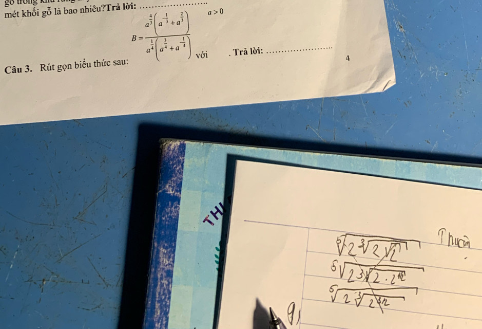 trong km 
mét khối gỗ là bao nhiêu?Trã lời: 
_
B=frac a^(frac 4)3(a^(-frac 1)3+a^(frac 2)3)a^(frac 1)4(a^(frac 1)3+a^(-frac 1)4) a>0 _ 
với 
4 
Câu 3. Rút gọn biểu thức sau: . Trả lời: