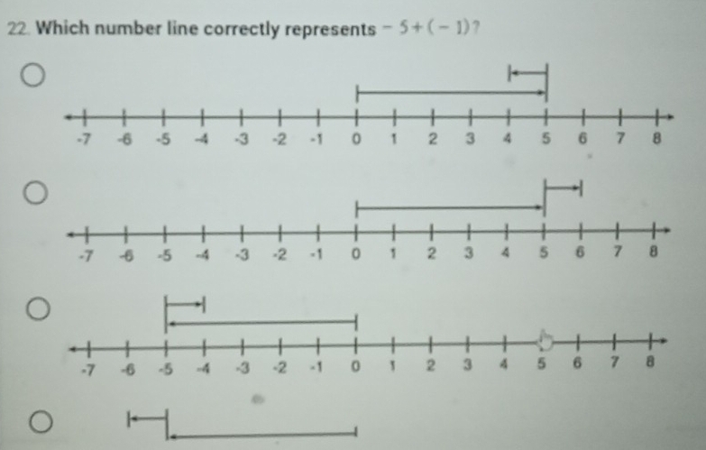 Which number line correctly represents -5+(-1) 7