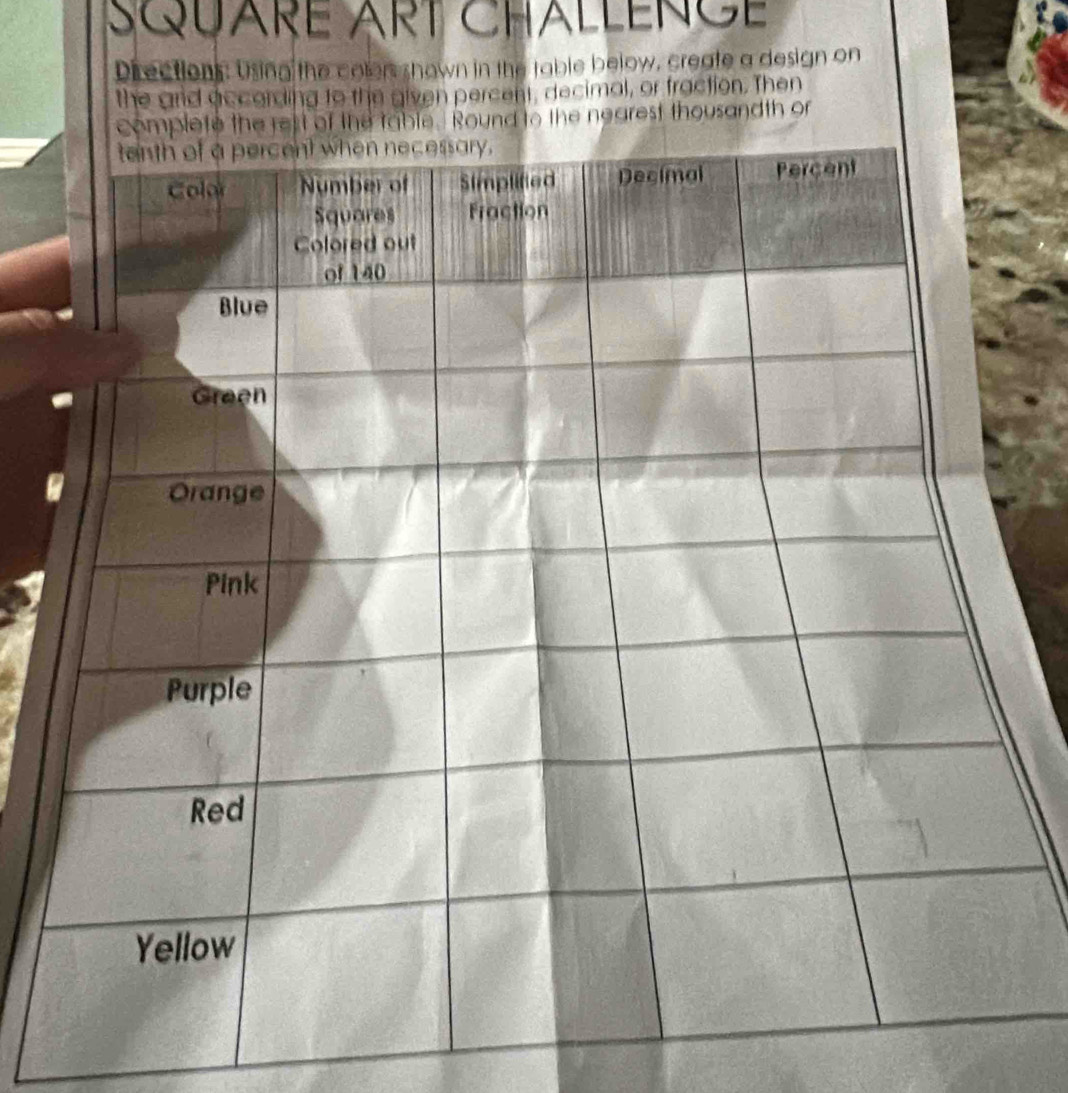 SQUARE ART CHALLENGE 
Directions: Using the colers shown in the table below, create a design on 
the and according to the given percent, decimal, or fraction. Then 
to the nearest thousandth or