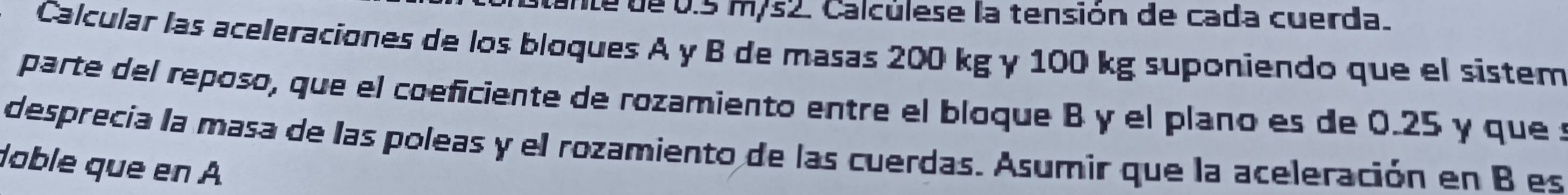 nte de 0.5 m/s2. Calculese la tensión de cada cuerda. 
Calcular las aceleraciones de los bloques A y B de masas 200 kg y 100 kg suponiendo que el sistem 
parte del reposo, que el coeficiente de rozamiento entre el bloque B y el plano es de 0.25 y que s 
desprecía la masa de las poleas y el rozamiento de las cuerdas. Asumir que la aceleración en B es 
dable que en